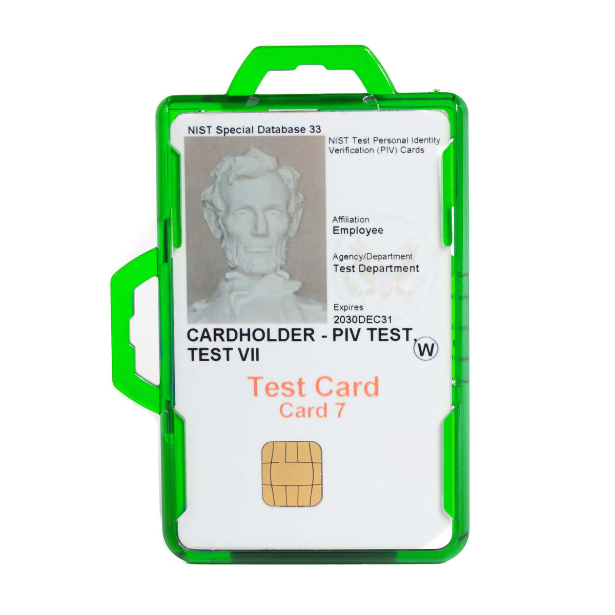 Green cardholder badge holder with clear front window and top handle, card insert graphics.