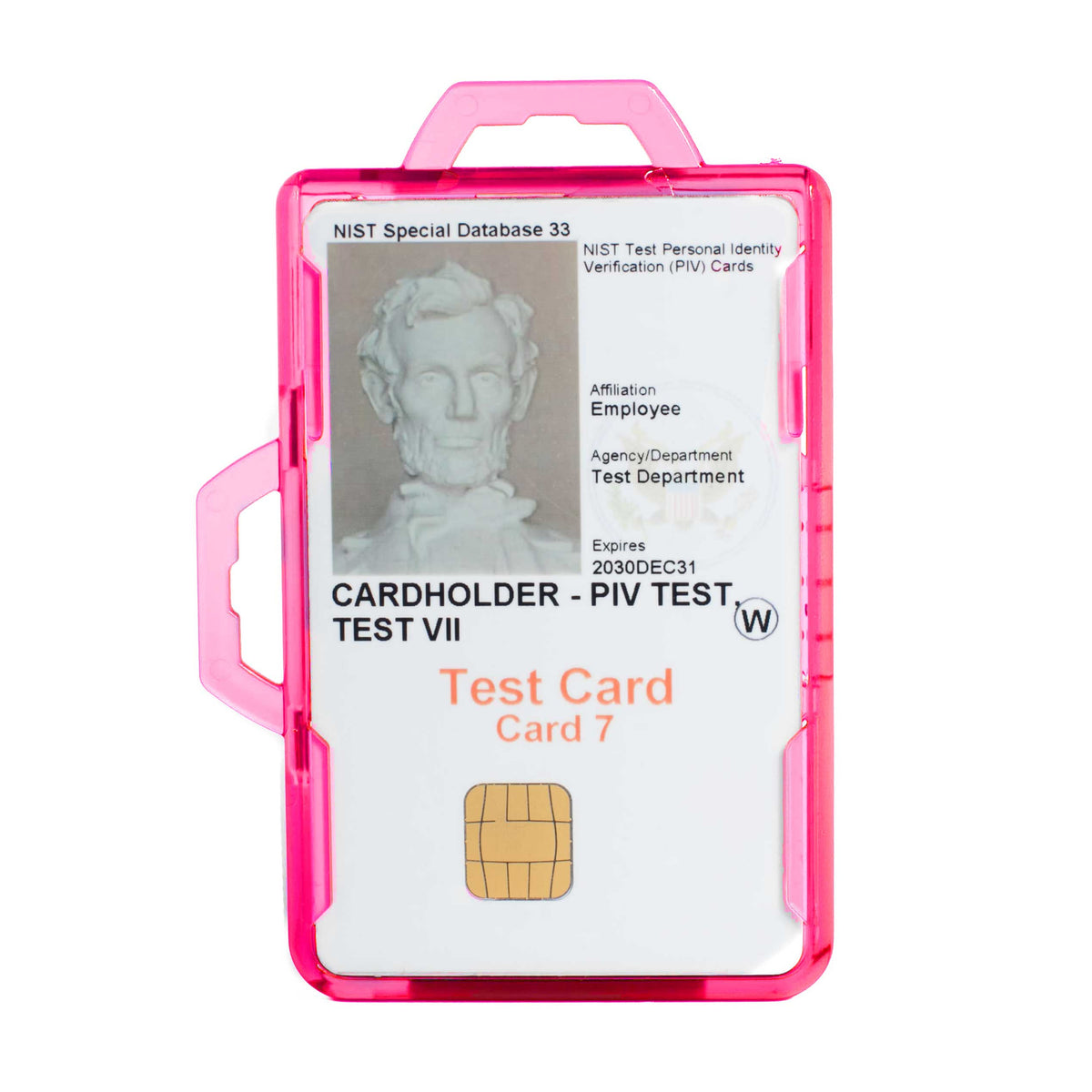 Pink cardholder badge holder with clear front window and top handle, card insert graphics.