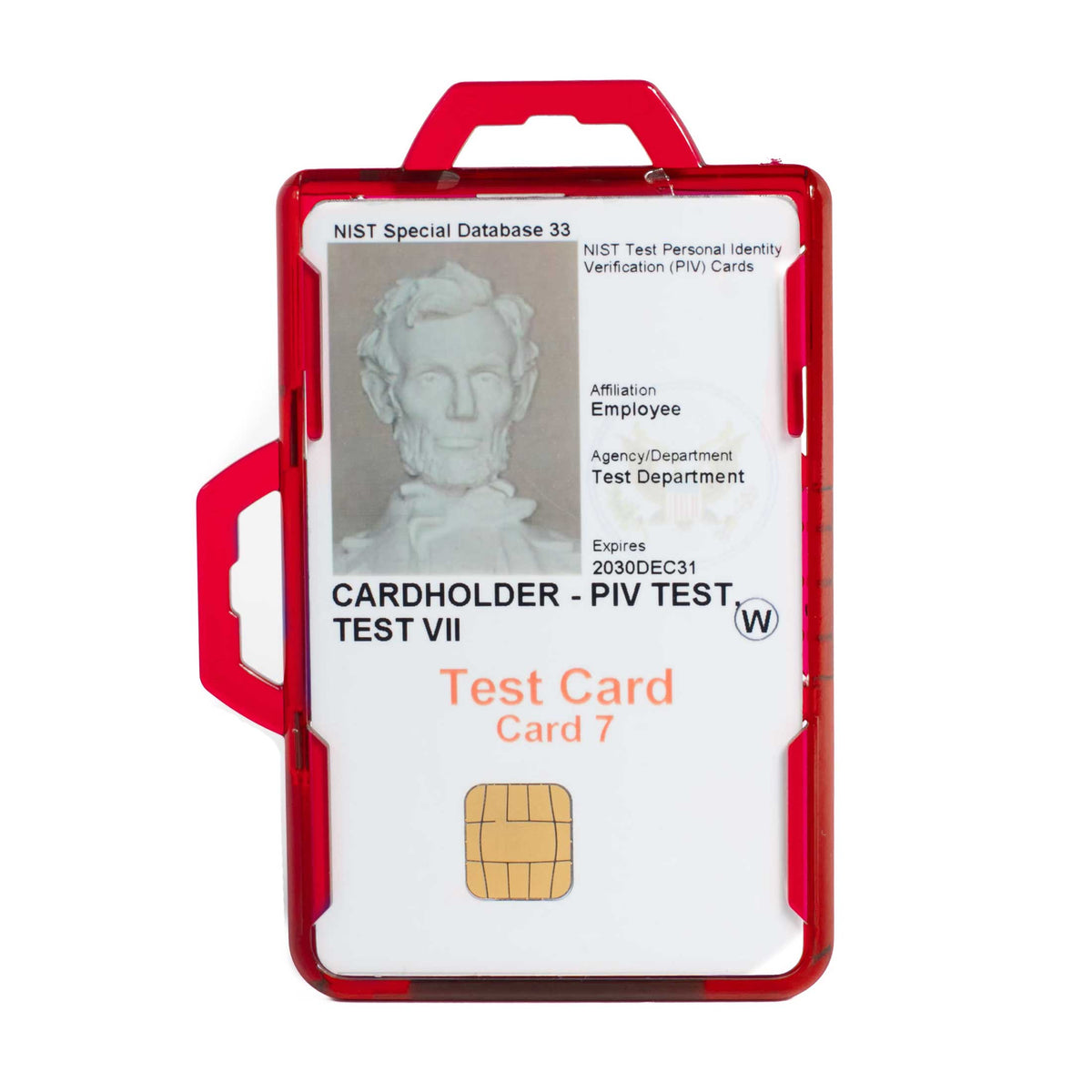 Red cardholder badge holder with clear front window and top handle, card insert graphics.