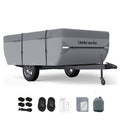 Gray pop-up camper cover with zip-on side panels and black strap ties