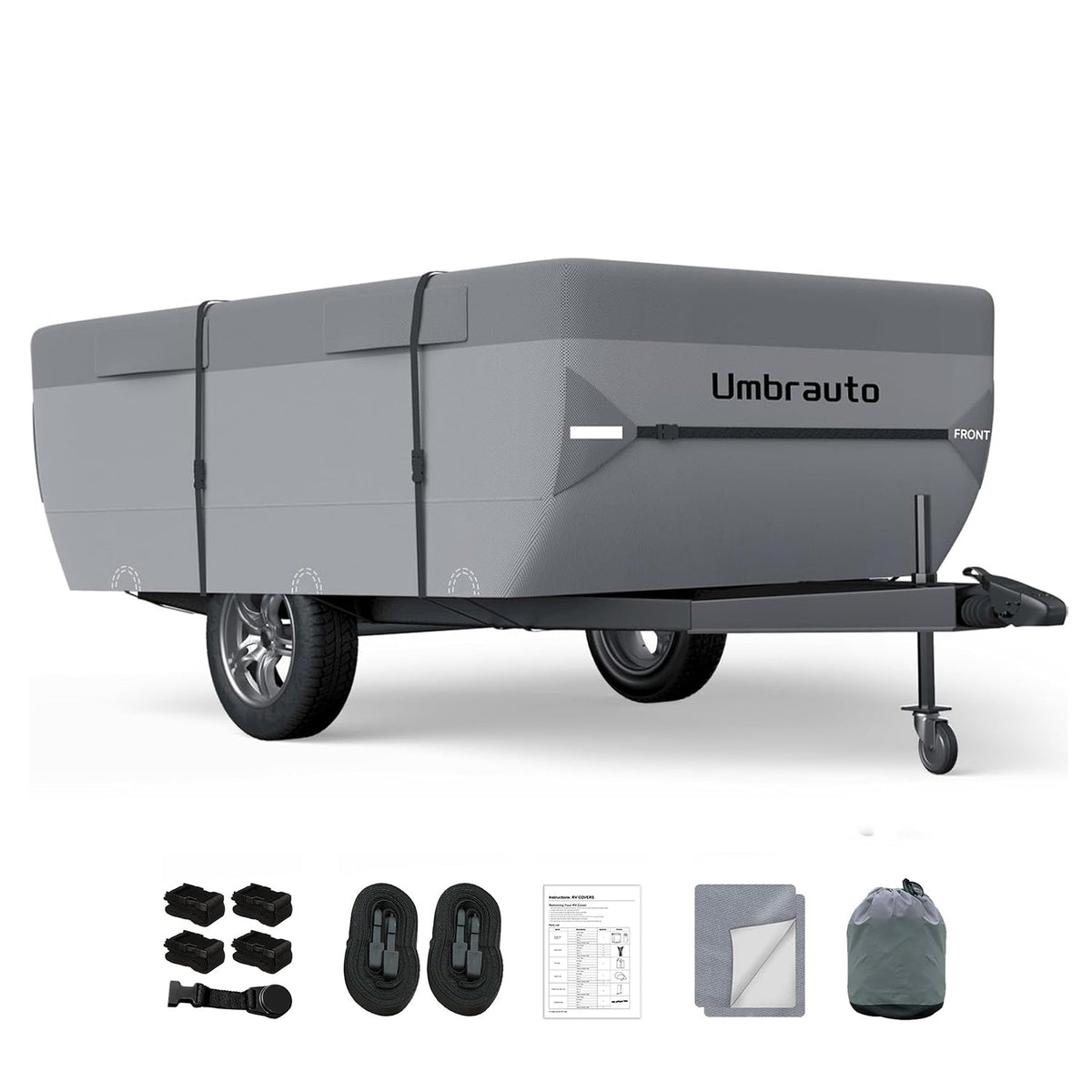 Gray pop-up camper cover with zip-on side panels and black strap ties
