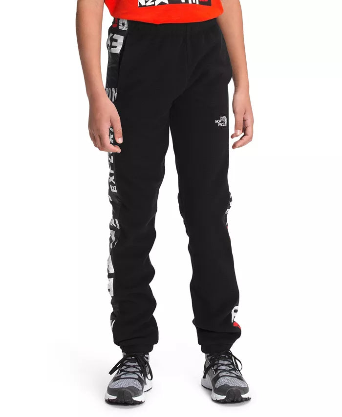 Boys black jogger pants with The North Face logo stripe on side, elastic ankle cuffs