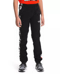 Boys black jogger pants with The North Face logo stripe on side, elastic ankle cuffs