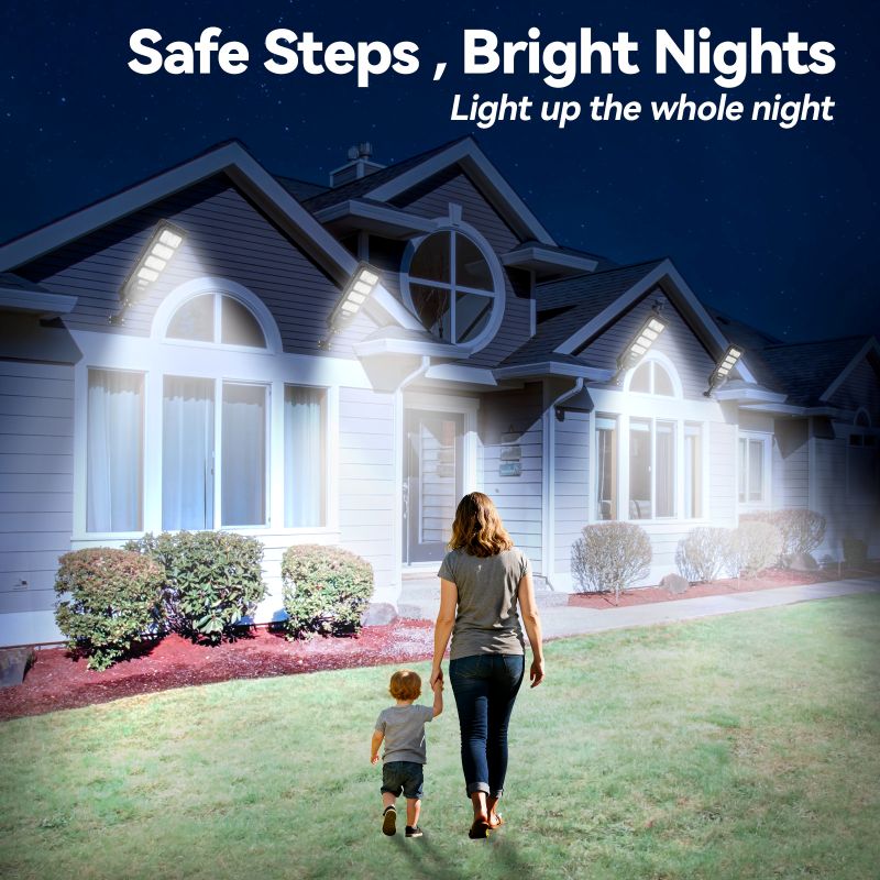 Solar security pathway lights illuminating a home exterior with multiple LED fixtures