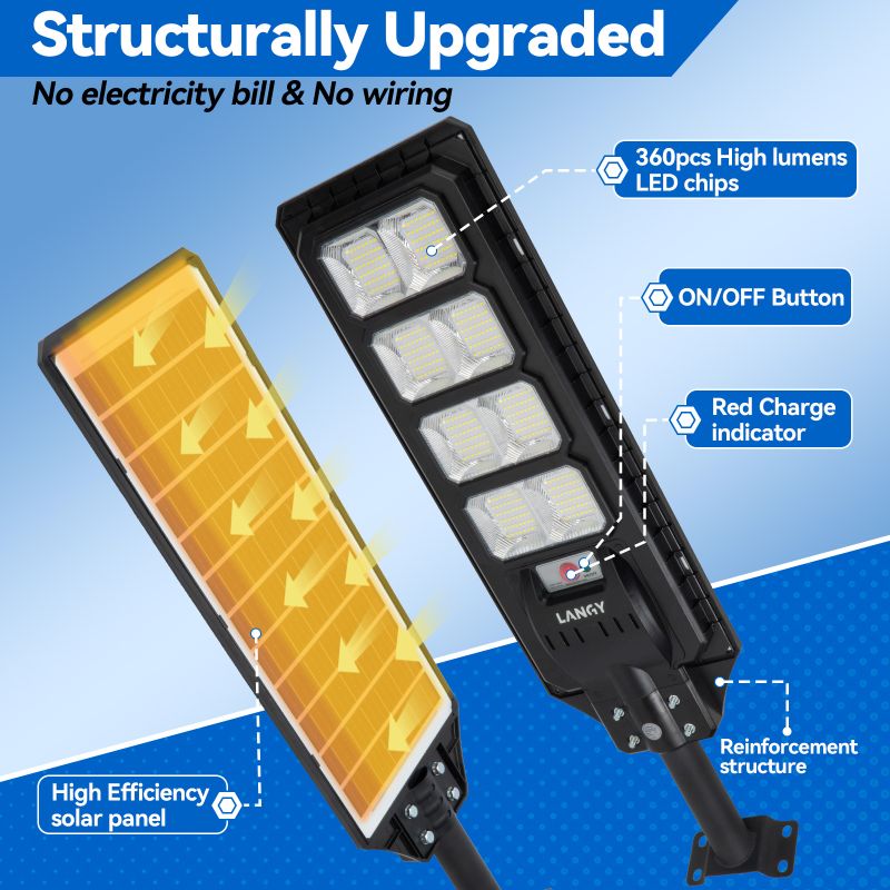 Solar parking lot light with foldable panel and stacked LED modules, black body