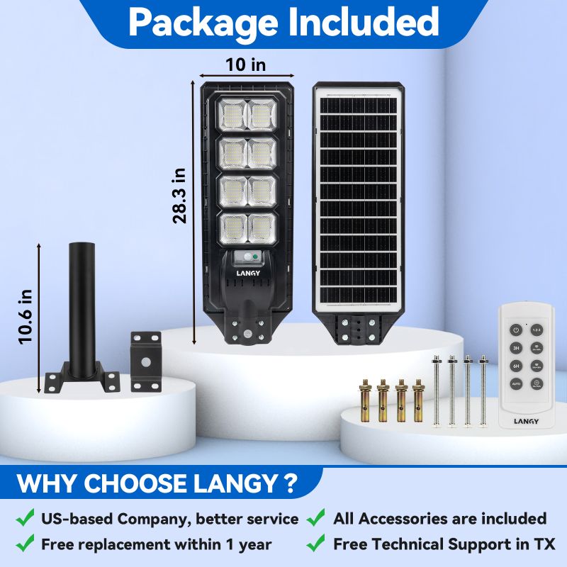 Boxed solar light kit showing four LED fixtures, solar panel, and mounting hardware