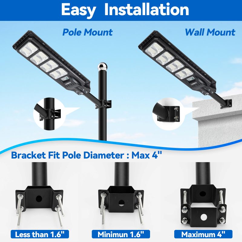 Black solar parking light with bracket mounting options for pole or wall installation