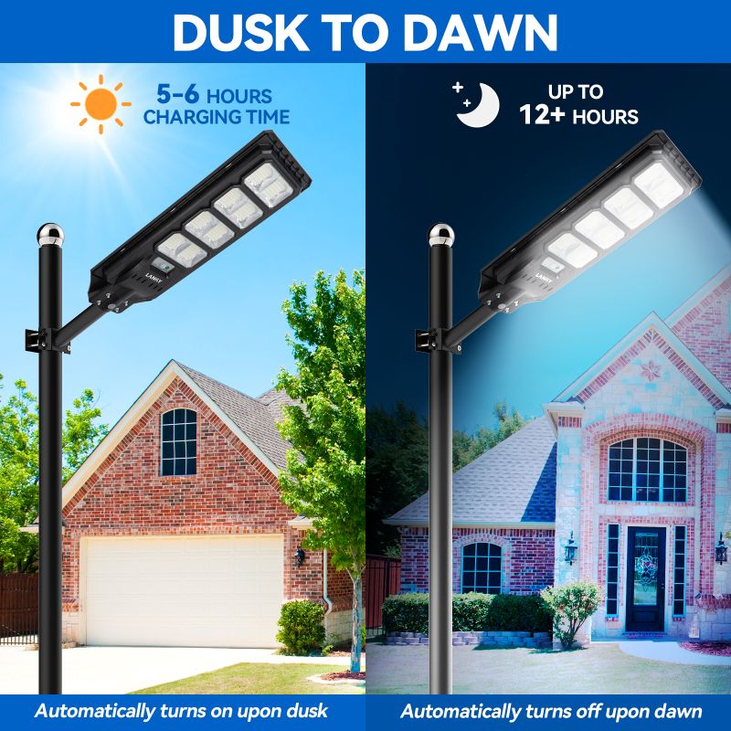 Two solar parking lot lights on poles, bright LED heads for dusk-to-dawn use