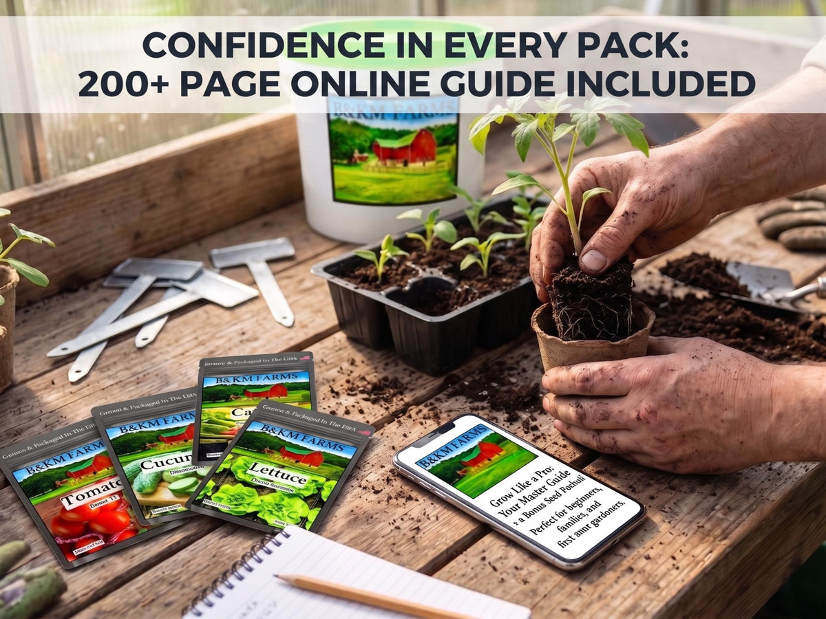 Seed starting kit on wooden table with sprouting seedlings, seed packets, and tools