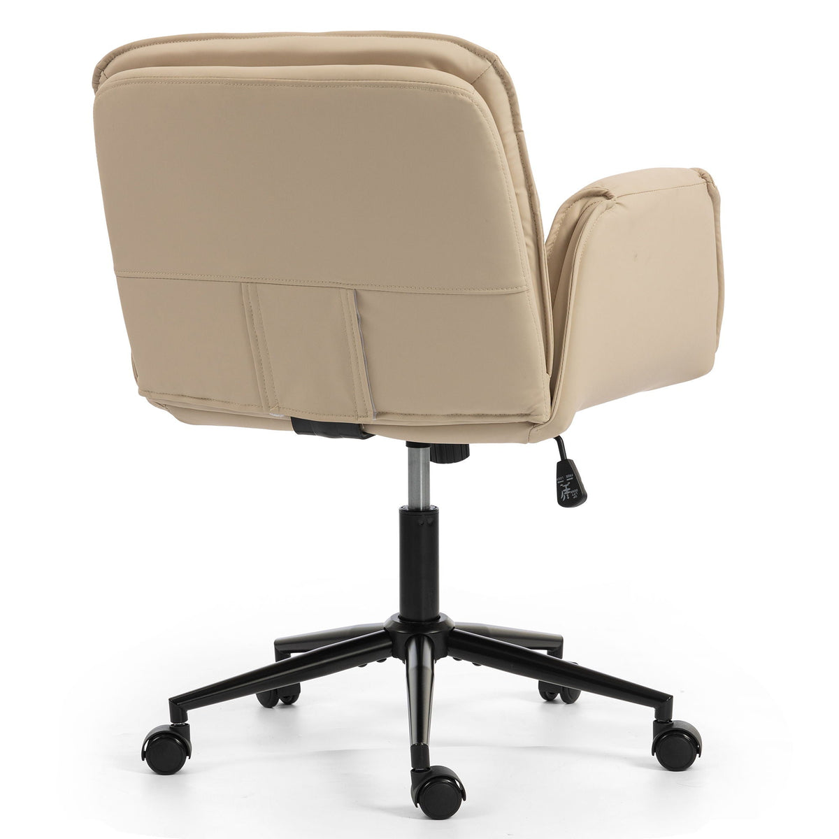 Beige faux leather swivel desk chair with padded backrest, armrests, and caster wheels