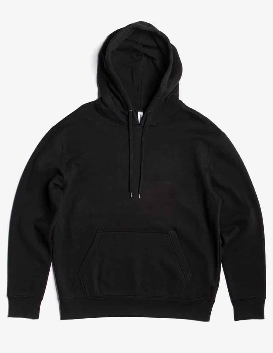 Black heavyweight pullover hoodie with drawstring hood and kangaroo pocket, front view