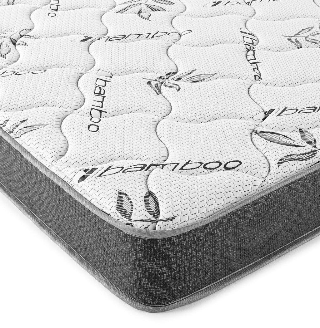 Queen mattress cover close-up, white quilted fabric with dark loop pattern and stitching