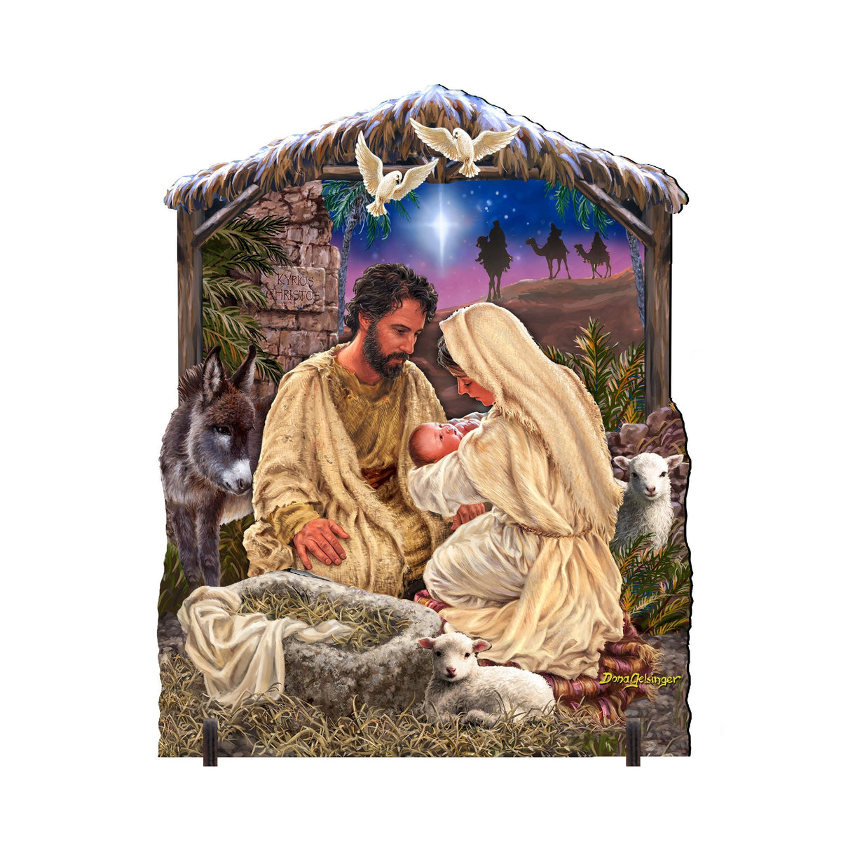 Framed nativity yard decor with arch-top manger scene, donkey, and sheep