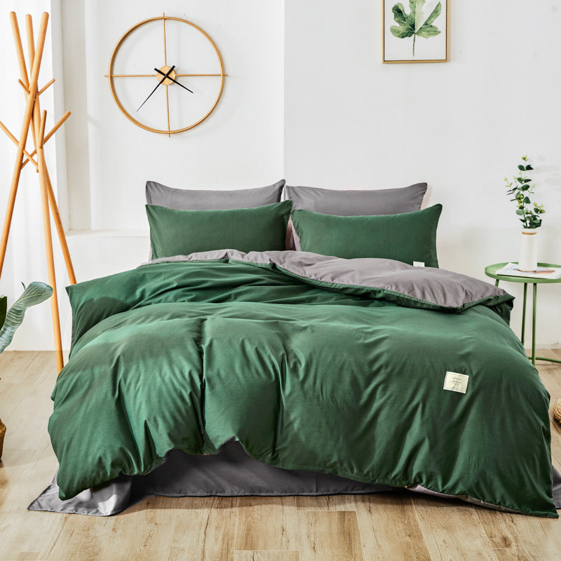 Green bedding set with gray accent pillowcases and duvet cover