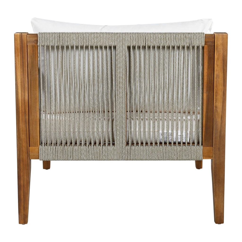 Outdoor chair back with light gray rope panel and acacia wood frame, tapered legs