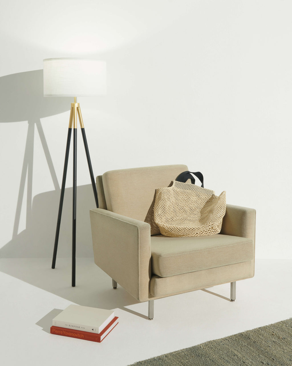 Levi floor lamp with white fabric drum shade and black tripod legs