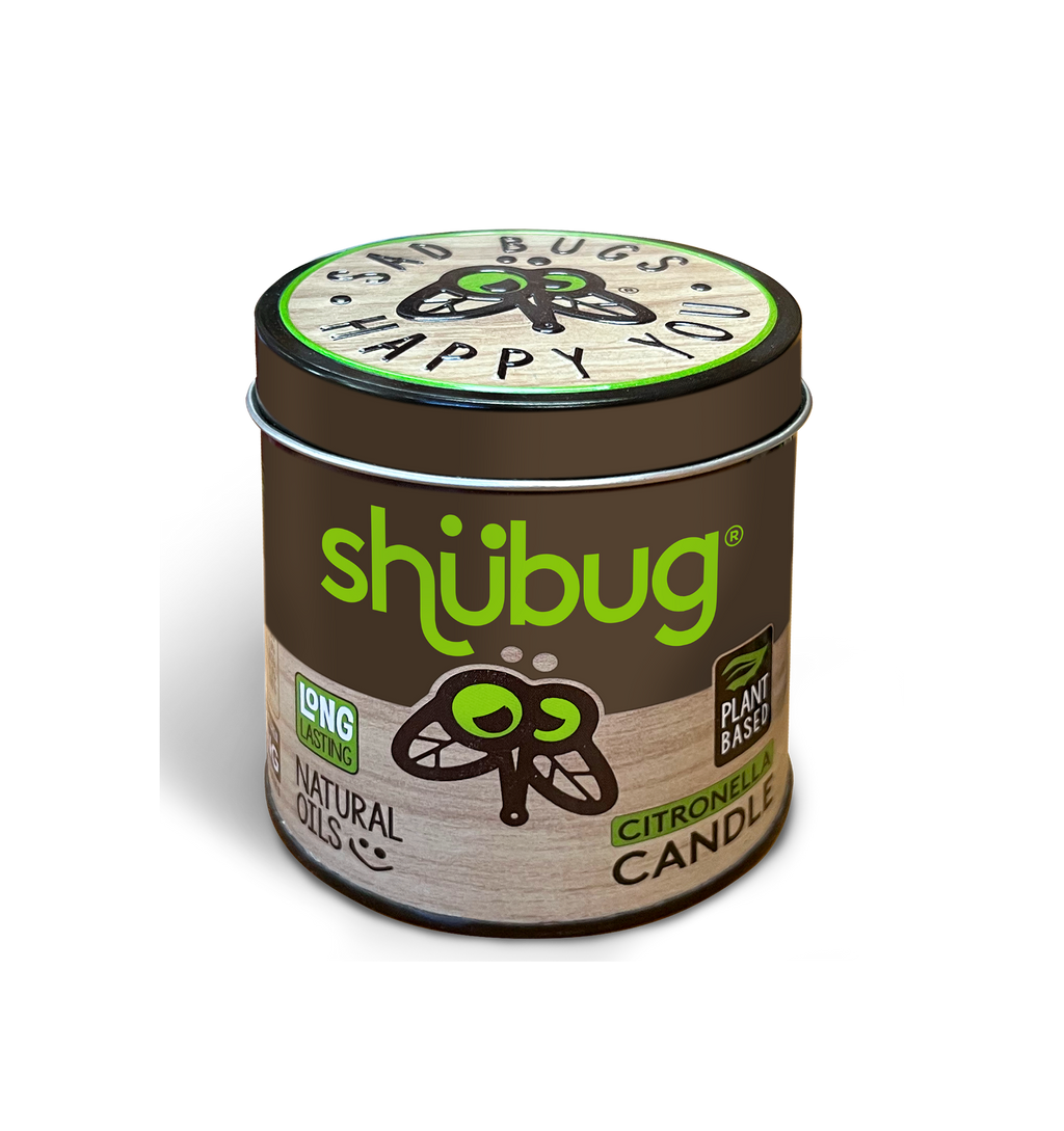 9 oz Shubug citronella candle in metal tin with screw-top lid