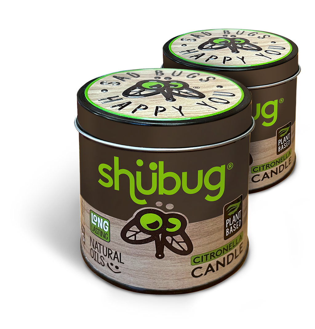 Shubug citronella candle tin with round lid and bug graphic label