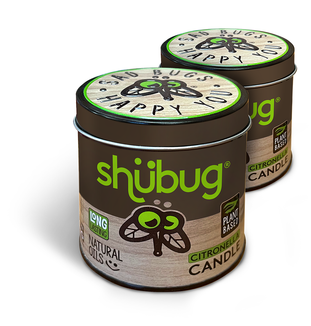 Shubug citronella candle tin with round lid and bug graphic label