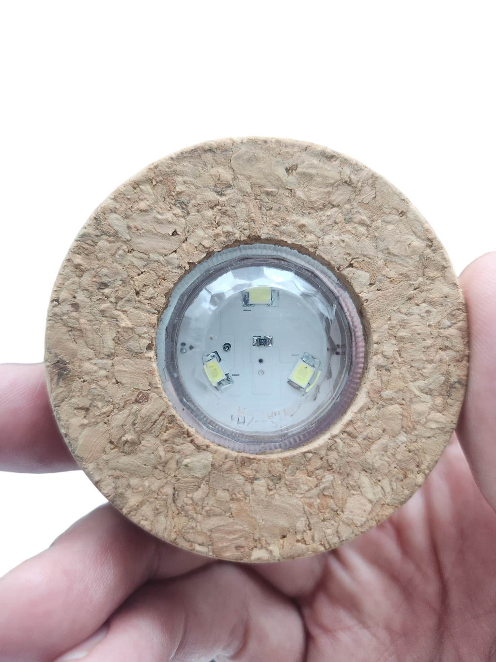 Underside of a round cork terrarium lid showing three small LED lights