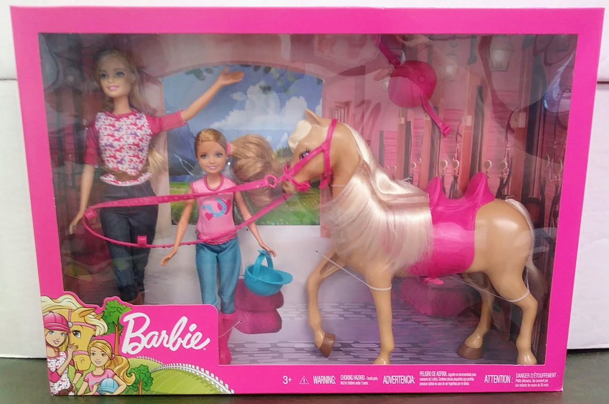 Barbie doll set with two riding-lesson sisters and a pink horse accessory