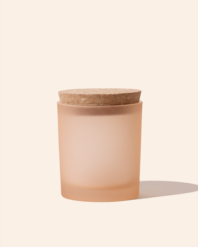 Frosted apricot 7oz candle vessel with round cork lid