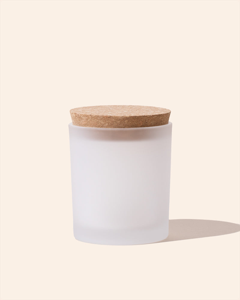 Frosted white 7oz candle vessel with round cork lid