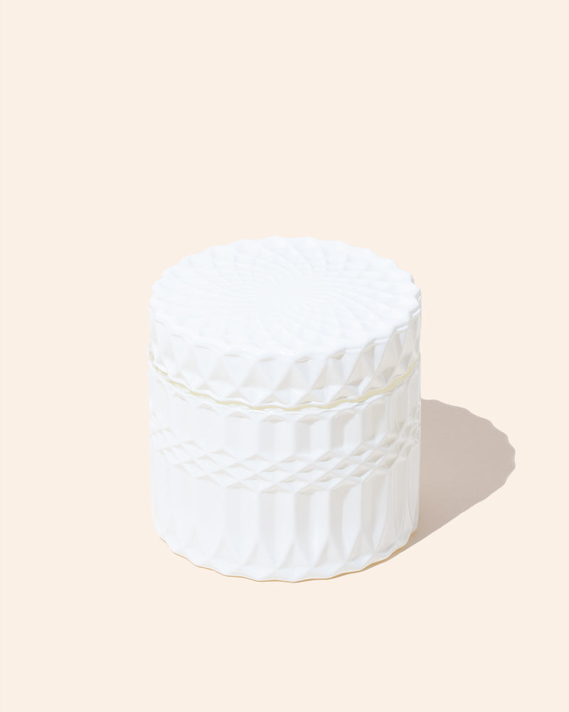 7oz posh™ candle vessel with lid, opaque white textured faceted glass