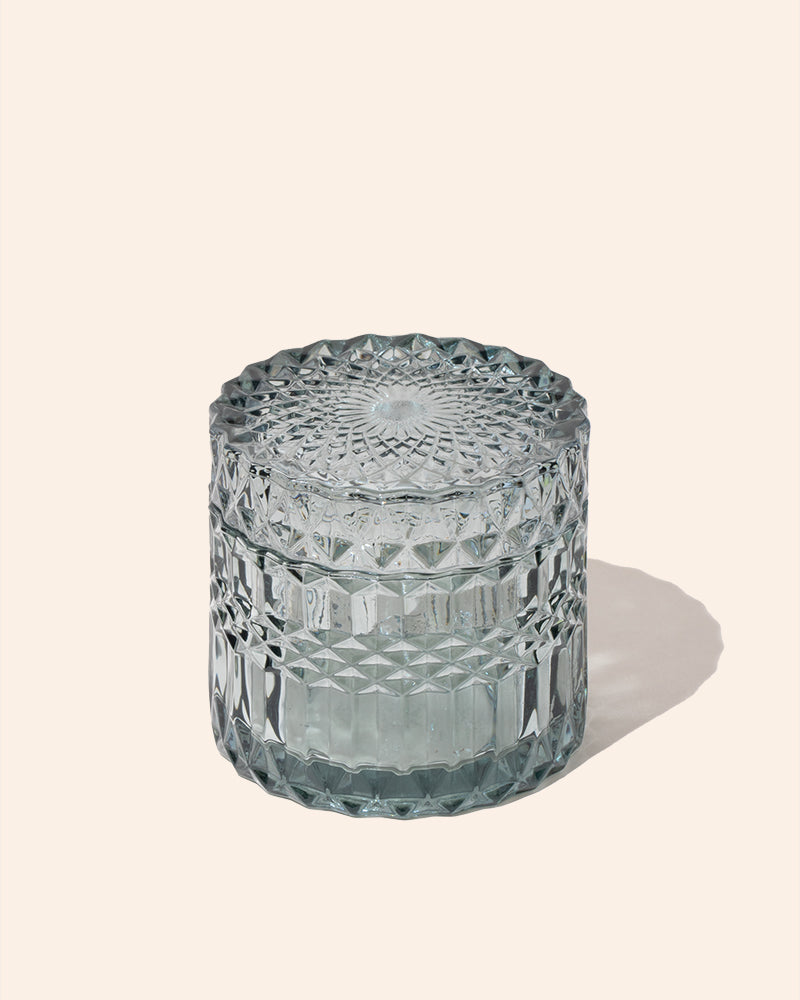 7oz posh™ candle vessel with lid, clear faceted glass in cool gray tone