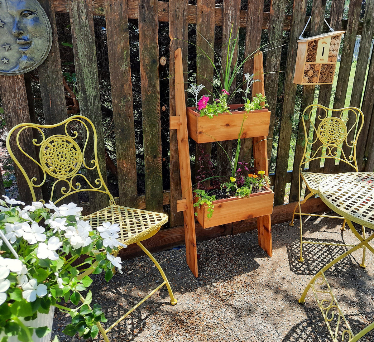 Vertical two-tier cedar ladder planter with top and bottom planting boxes