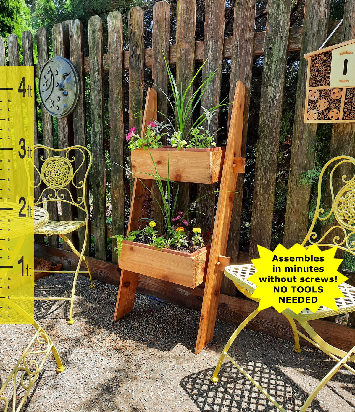 Two-tier cedar ladder planter box with two wooden planting trays