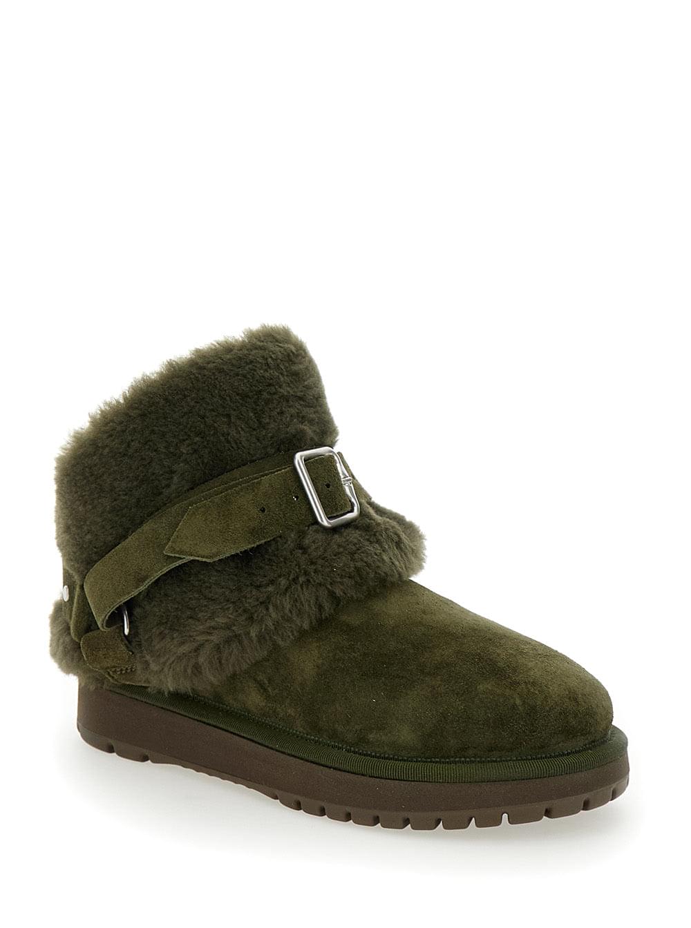 Women’s green suede ankle boot with shearling cuff and silver buckle strap