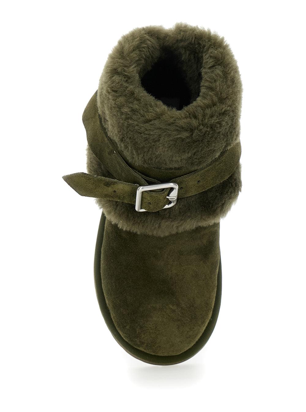 Women’s green suede ankle boot with shearling lining and buckle strap