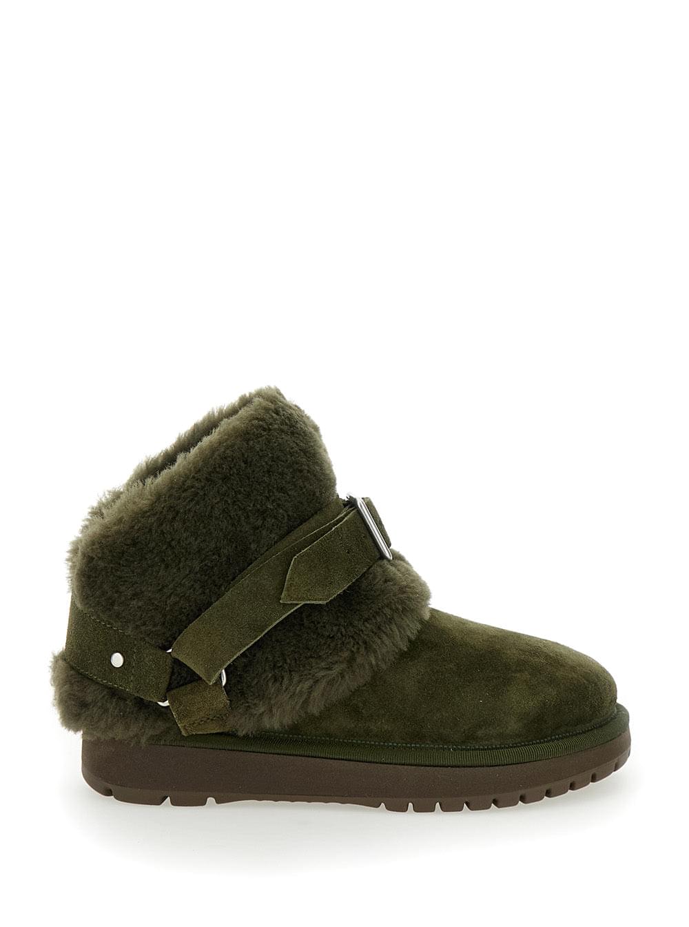 Women’s green suede ankle boot with shearling lining and strap buckle