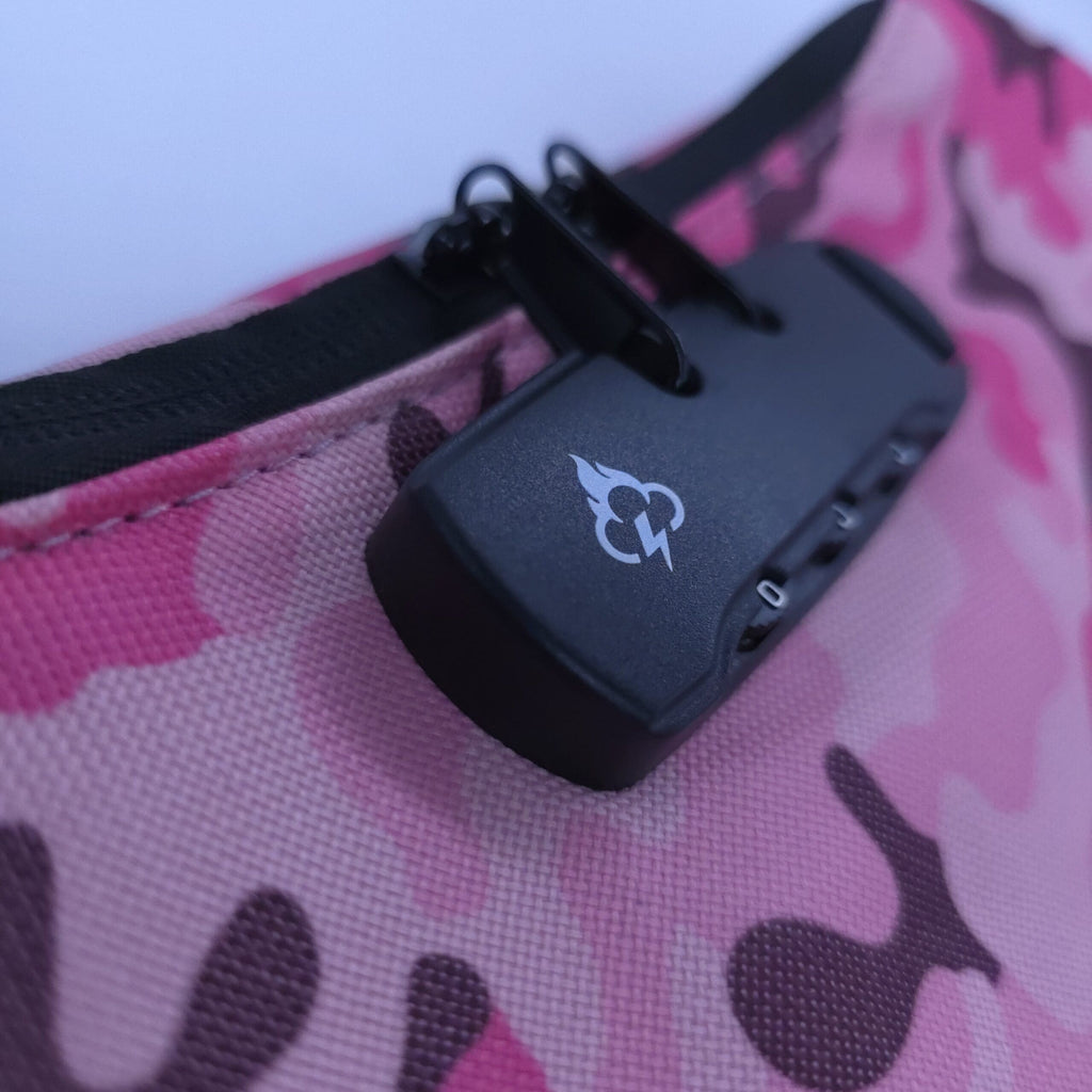 Pink camo crossbody bag close-up showing black lock panel and zipper area
