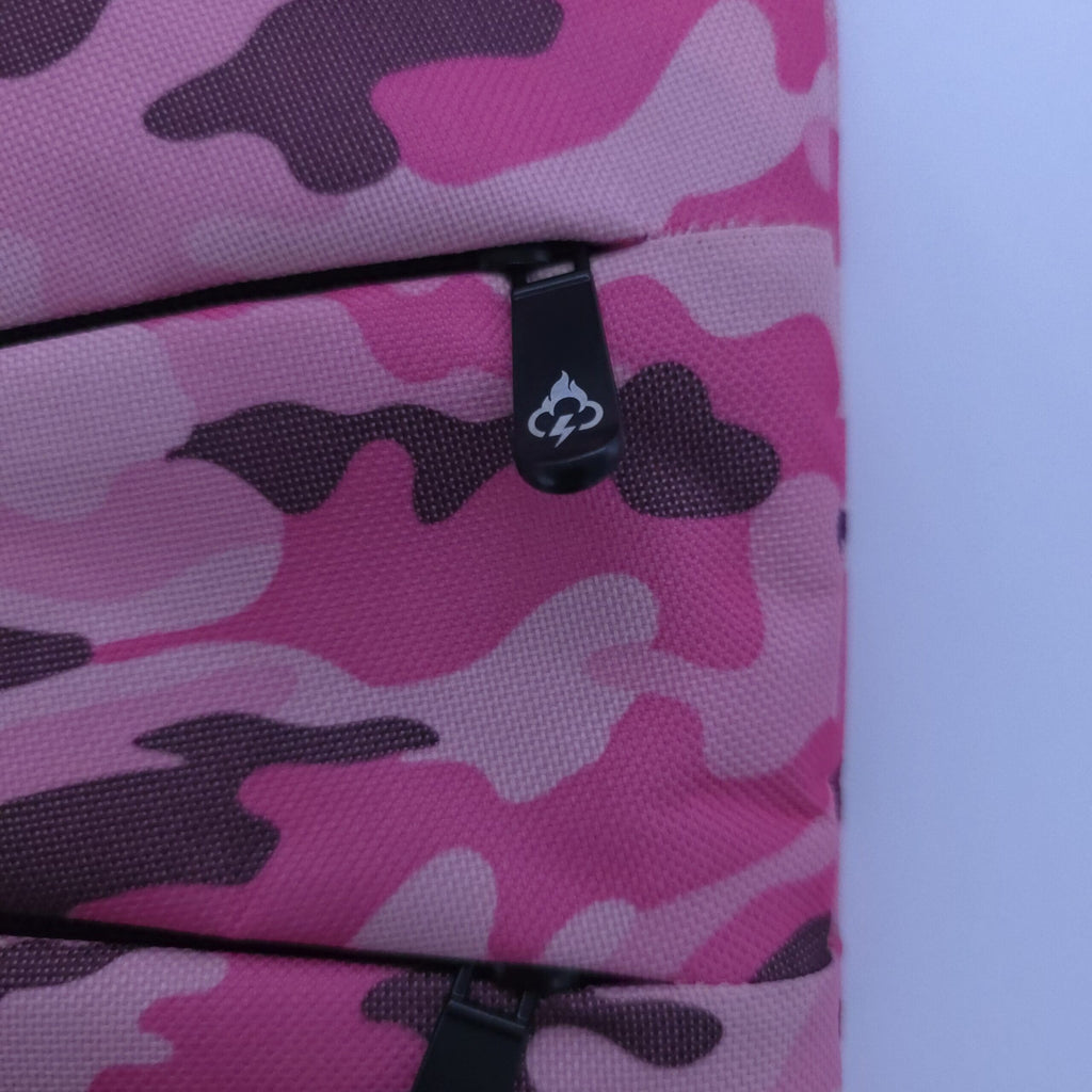 Pink camo crossbody bag detail of black zipper pull and small logo emblem