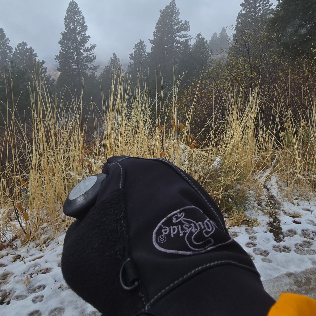 Black windproof gloves with R.U.Outside patch and stitched seams