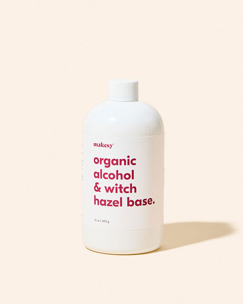 Organic alcohol and witch hazel base bottle, makesy label, white plastic