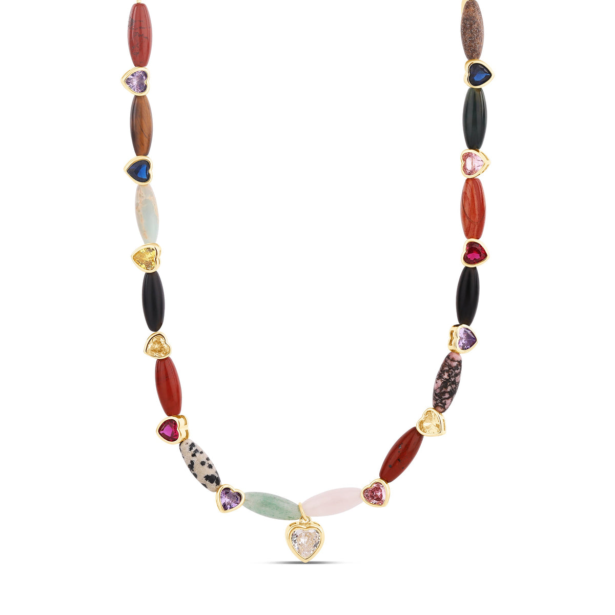 Rainbow navette bead necklace with small heart pendant charm