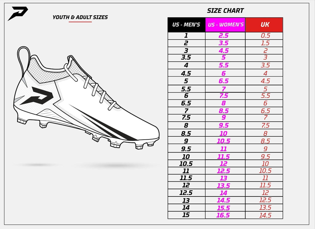 Size chart for youth and adult soccer cleats with US men, US women, UK columns
