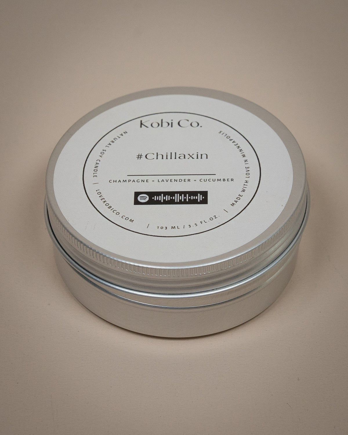 Luxury candle metal lid with Kolbi Co. #Chillaxin label