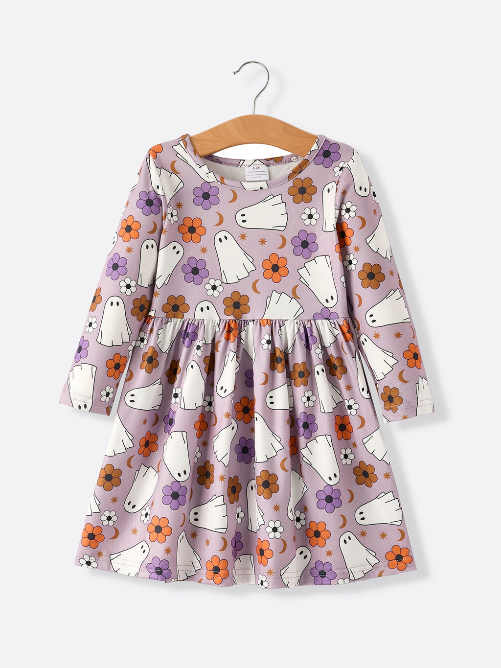 Girls' ghost print Halloween dress with long sleeves and gathered twirly skirt