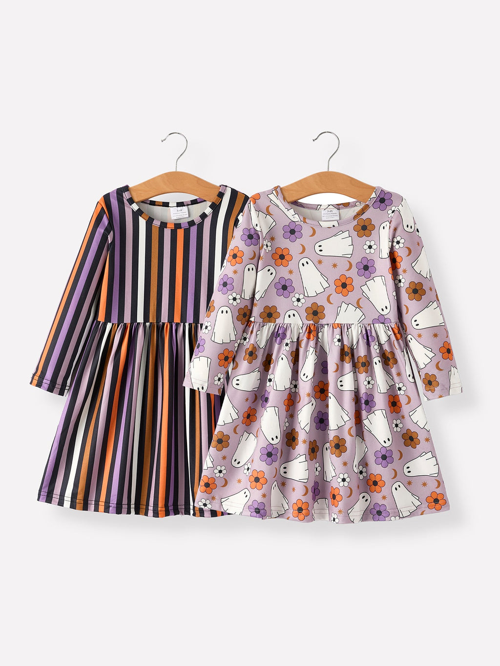 Girls' Halloween dress set with striped long-sleeve and ghost print twirl dress