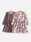 Girls' Halloween dress set with striped long-sleeve and ghost print twirl dress