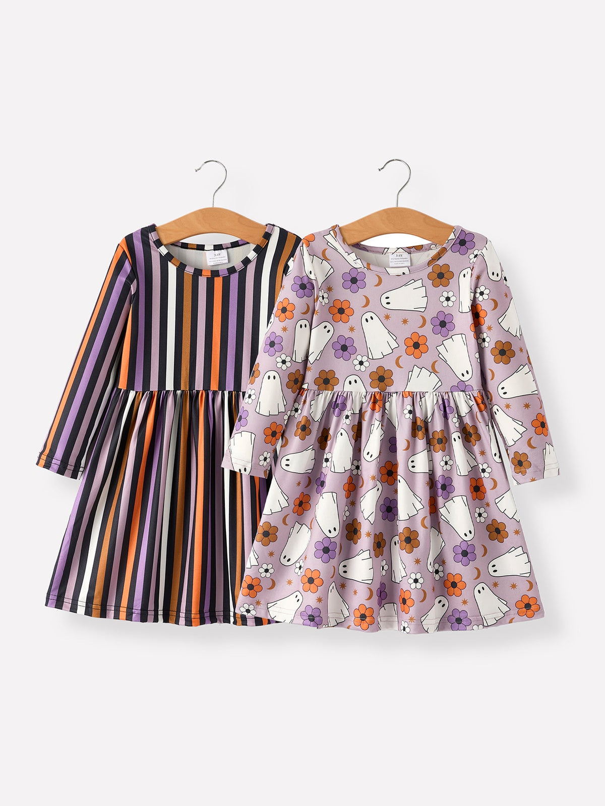 Girls' Halloween dress set with striped long-sleeve and ghost print twirl dress