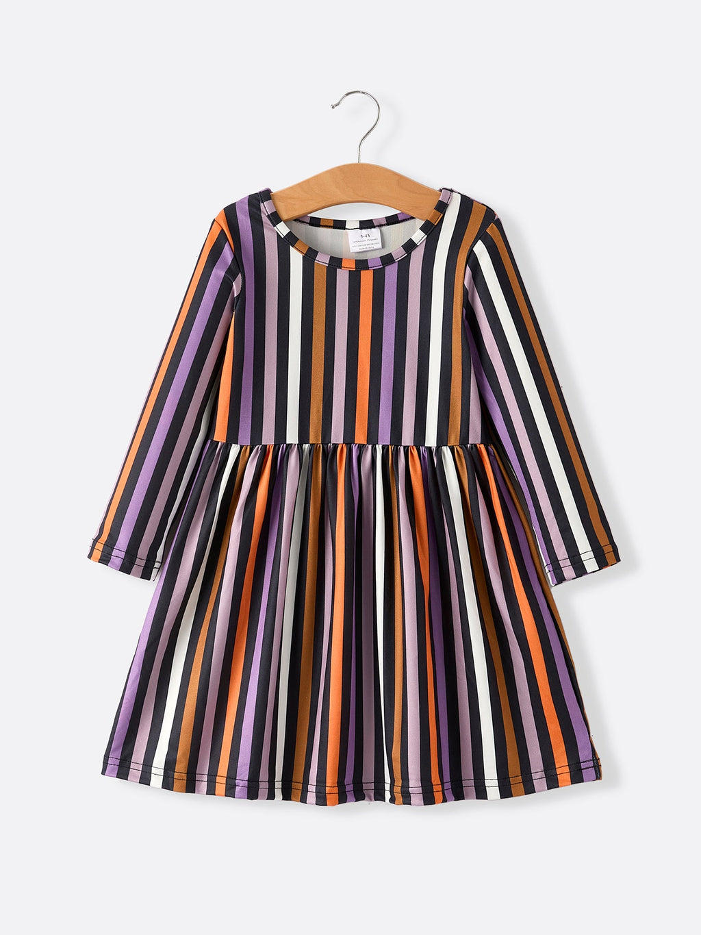 Girls' striped long-sleeve Halloween dress with gathered skirt and crew neck