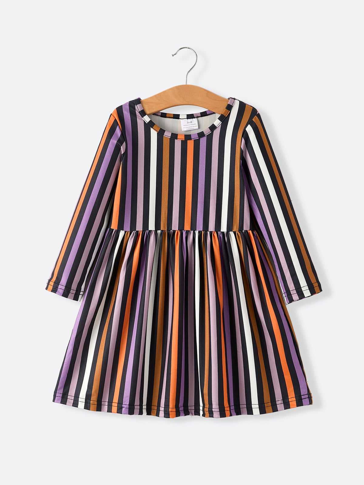 Girls' striped long-sleeve Halloween dress with gathered skirt and crew neck