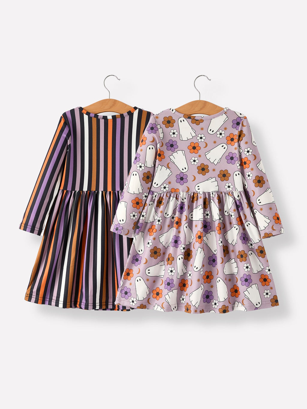 Girls' 2-piece Halloween dress set: striped long-sleeve top and ghost print skirt