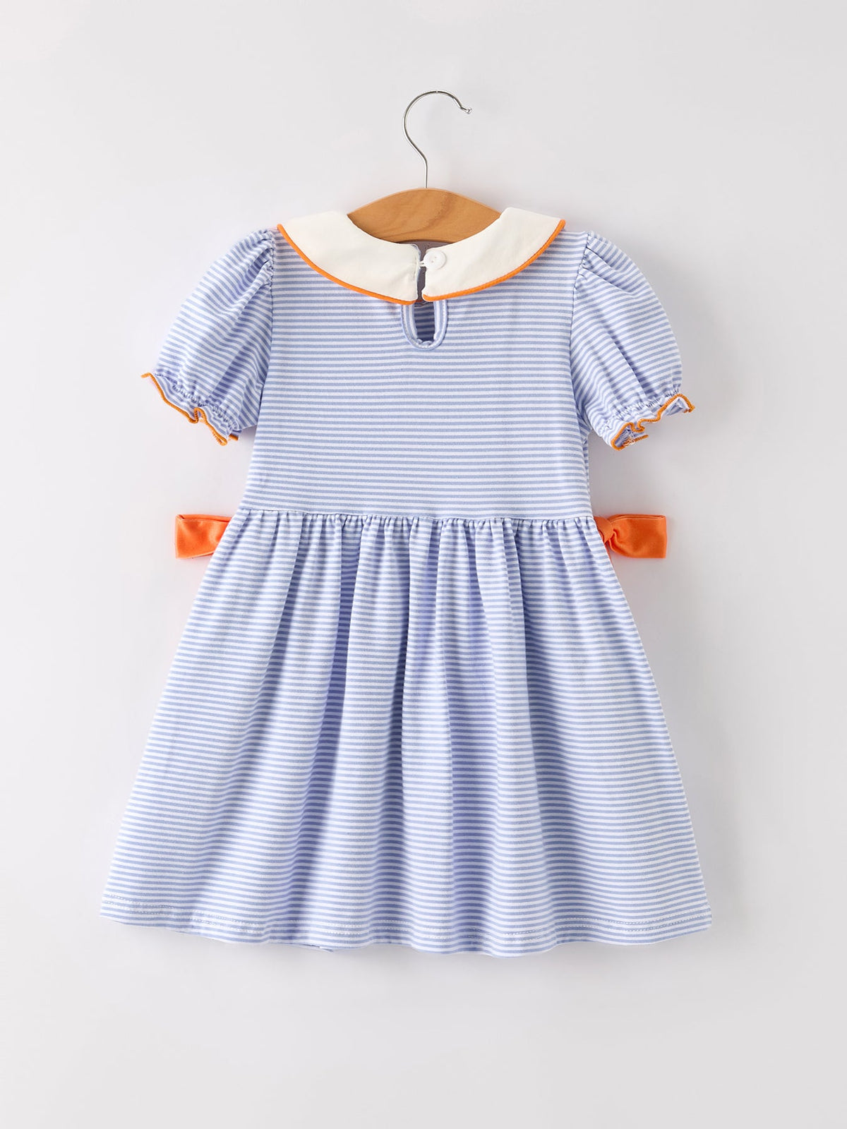 Girls blue-and-white striped A-line dress with orange collar trim and gathers