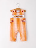 Orange-and-white gingham baby romper with embroidered fall turkey and snap buttons